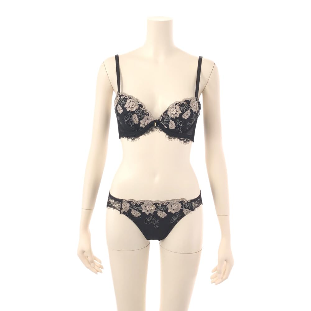RAVIR Underwear Bra and Panty Eyelash Classic C75 Women's Set, Lace, See-Through, Embroidered, Black, (Panties L)