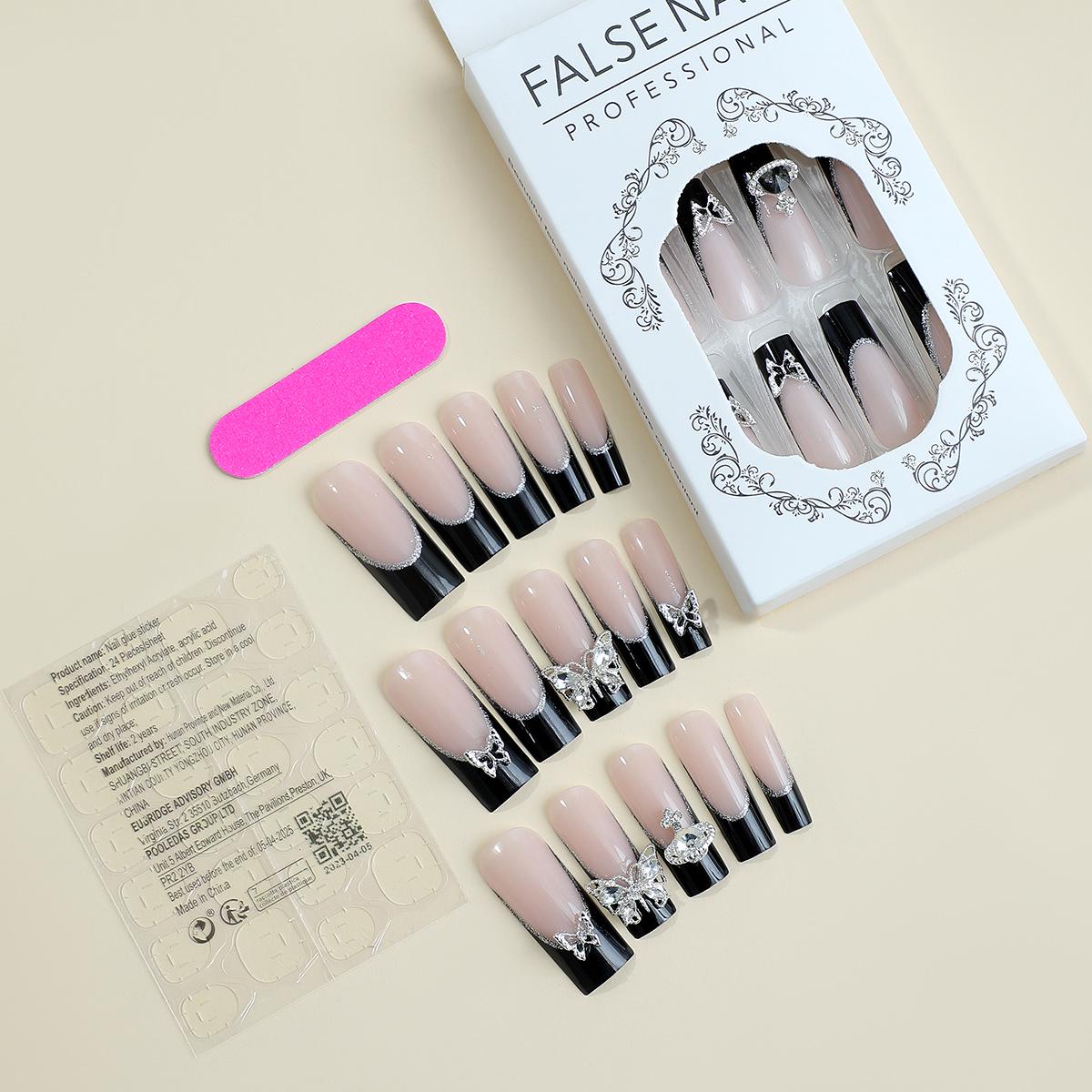 

Очень длинные носибельные французские ногти-трубочки со стразами-бабочками и спутниковым камнем, 24 съемных типса для нейл-арта