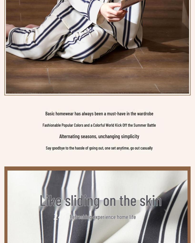 Women's Striped Thin Ice Silk Pajama Set, Long Sleeve, Spring/Autumn Style, High-End Feel for Indoors or Outdoors