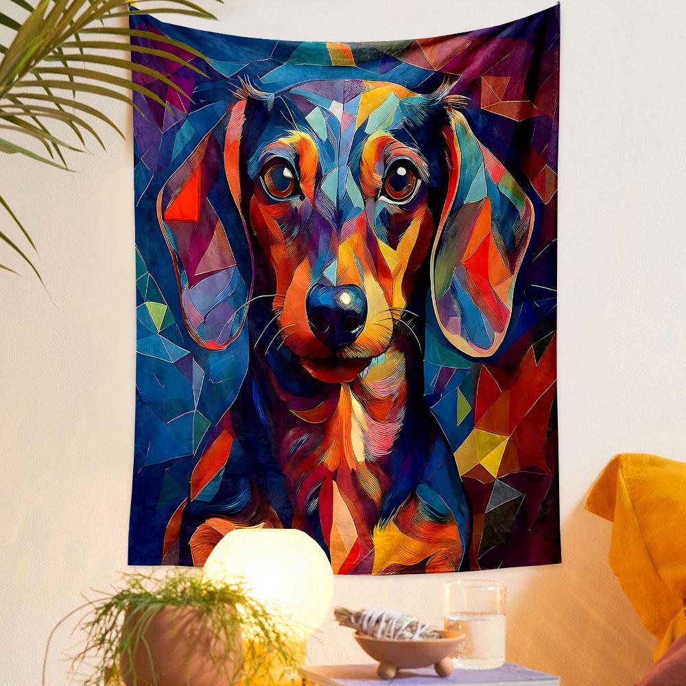 Colorful Geometric Dachshund Portrait Patterned tapestry home decor, suitable for bedroom and living room, gift