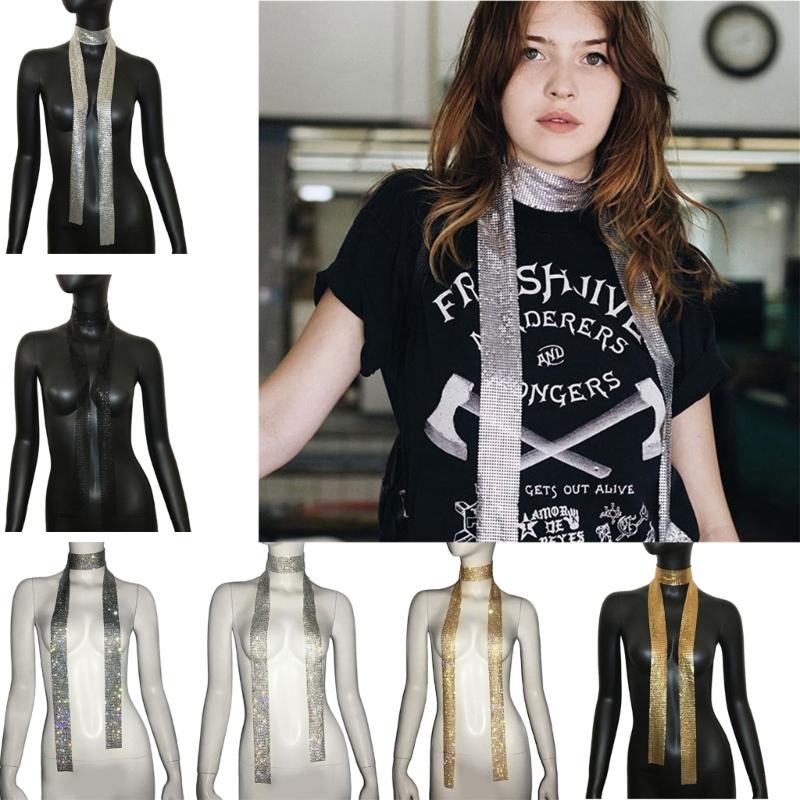 Women Glitter Sparkle-Metal Sequins Neck Tie Scarf Party Evening Long Thin Skinny Tie Shawls Neckerchief Necklace-Decor