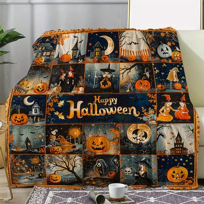 Vintage Halloween Thema Flanel Überwurfdecke - Kürbis Hexe Digitaldruck, Ganzjahres Gemütlich Weich Gestrickte Decke