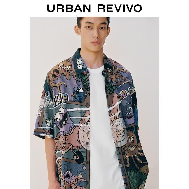 UR Men s Autumn Trendy Comic Print Loose Open-Front Shirt S