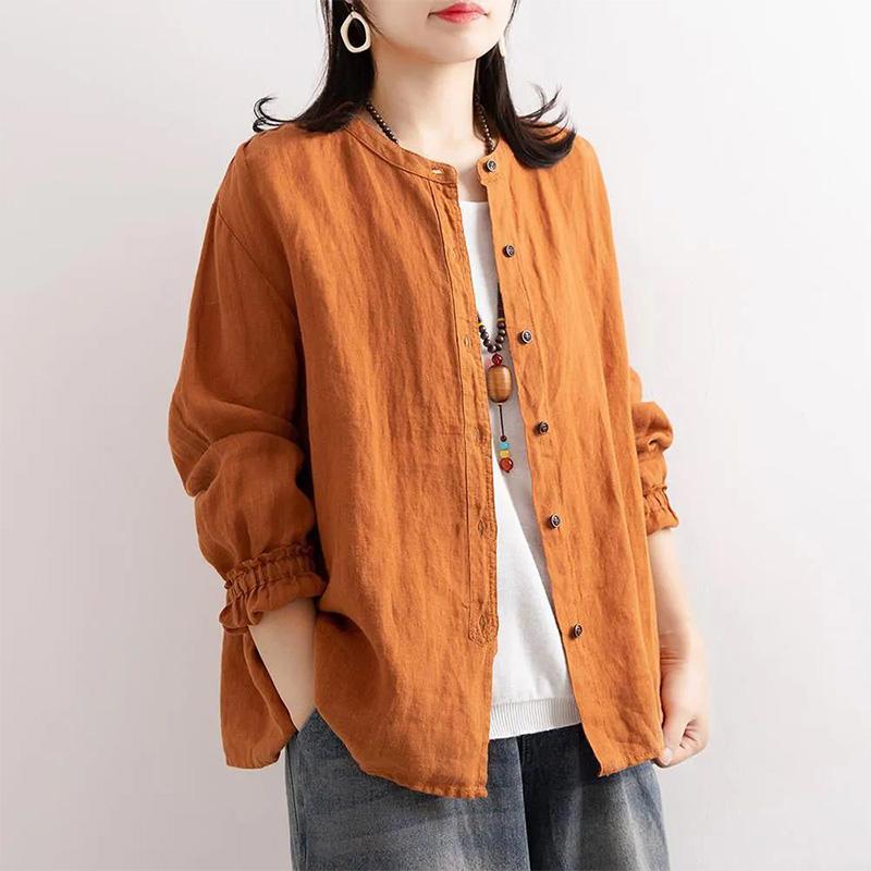 Cotton Linen Shirt Literary and Retro Style Women's Loose Round Neck Shirt Casual Thin Coat Close-up Sleeve Top Spring and Autumn