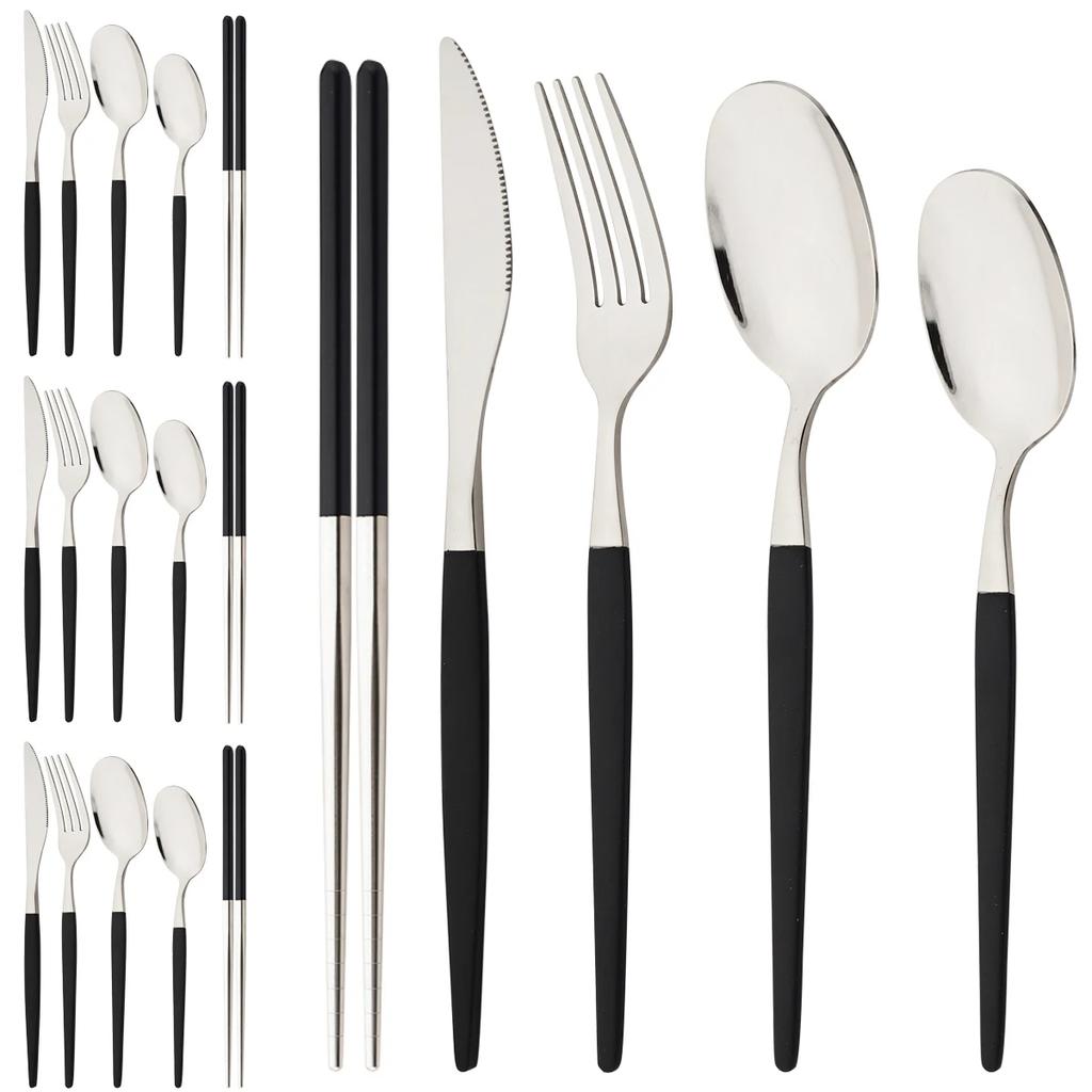 20-teiliges goldenes Geschirrset Edelstahl Tafelgeschirr Steakmesser Gabel Löffel Teelöffel Essstäbchen Besteckset Küchenbesteck