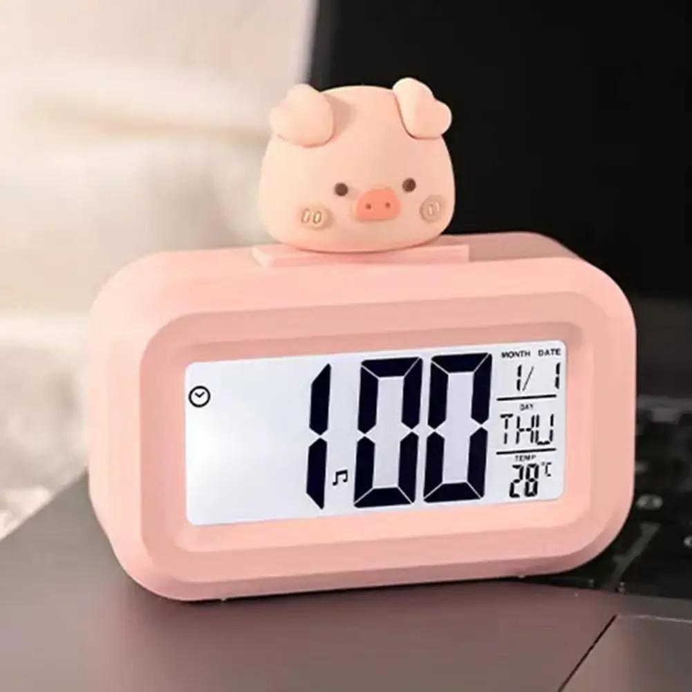 1pc Digital Clock Temperature Display Large Screen Electronic Date And Day Alarm Piggy Shape Desktop Clock