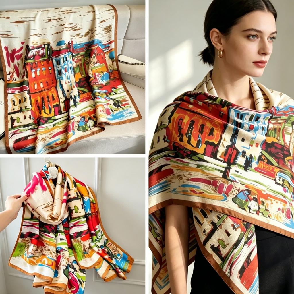 Korean Silk Brocade Scarf with Floral and Animal Motifs In Green