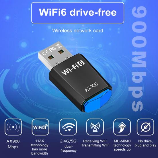 

Бездротова мережева карта AX900, без драйверів, дводіапазонний Wi-Fi 6 USB-адаптер, 900 Мбіт/с, високошвидкісна швидша передача 2,4G