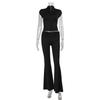 Sexy Girl Black Short Sleeve Crop Top And Flared Pants Set With Pleated Details For Streetwear Fashion