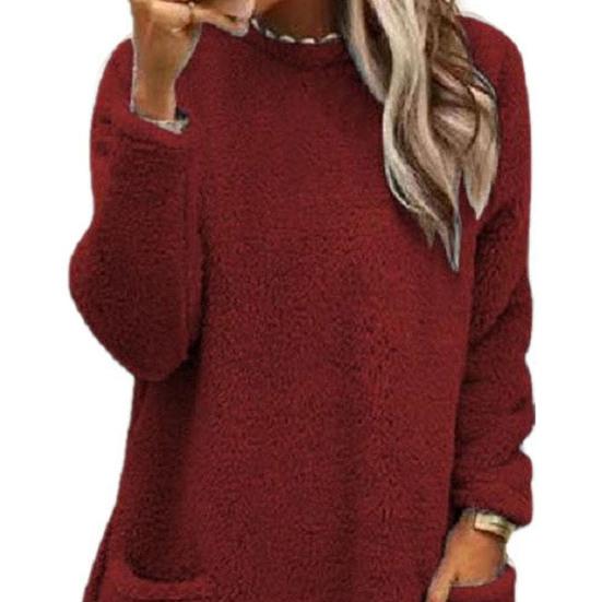 Lady Winter Sweatshirt with Dual Pockets Pure Color Plush Round Neck Loose Mid Length Pullover Top Casual Office Party Workout Sweatshirt
