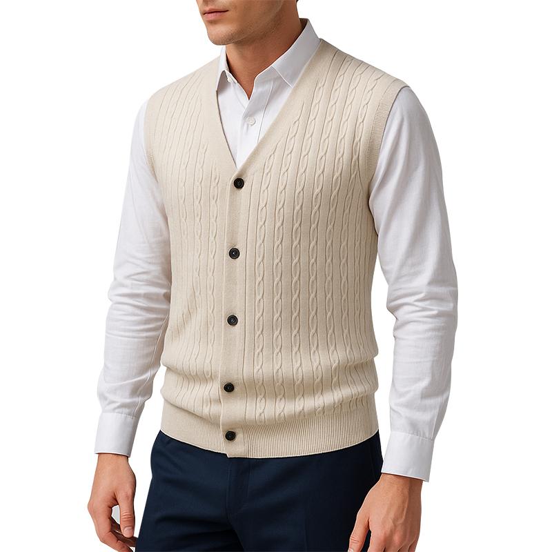 

Autumn Men s Cable Knit Sweater Vest V Neck Button Down Sleeveless Cardigan Vest Outdoor Business Lightweight Streetwear 2XL хаки