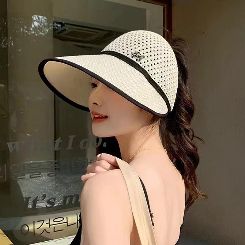 Summer Straw Empty Top Sun Hat For Women Wide Large Brim Visors Hat Travel Sun Hat Women'S Hat Beach Uv Protection Caps