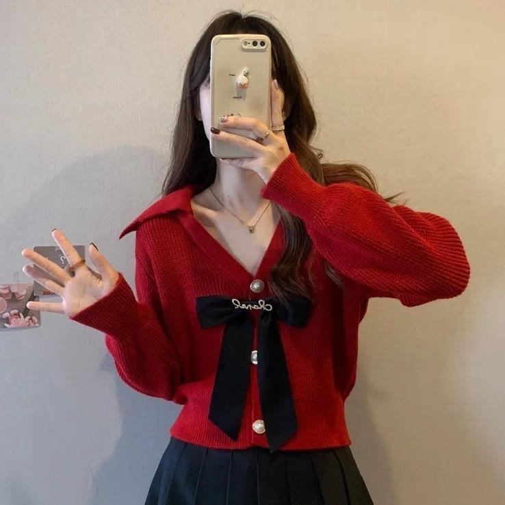 Women's French Doll Collar Knit Sweater with Bow - Fall/Winter 2024 Collection