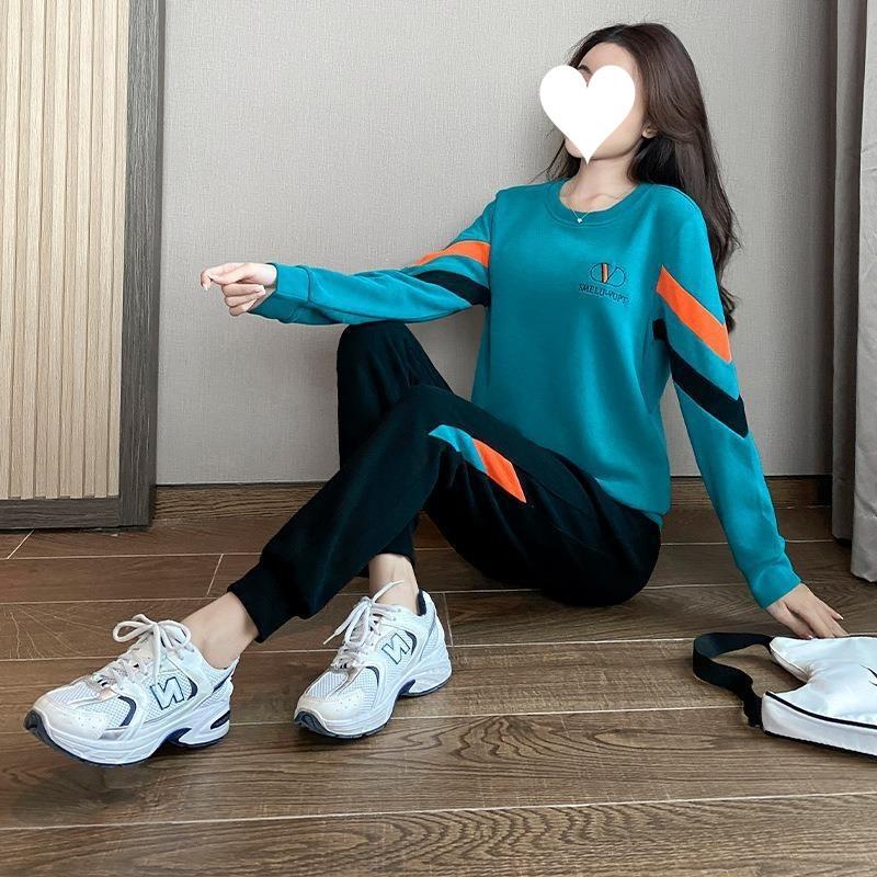 Round Neck Sports Suit for Women, Spring and Autumn Korean Style Fashionable Loose Sweatshirt, Western Style Casual Wear Two-piece Set
