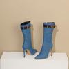 Winter Women Mid-calf Boots Black Blue Denim High Thin Heels Punk Dress Office Ladies Pointed Toe Blucke Belt Zipper Half Boots