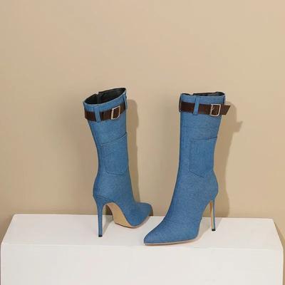 Winter Women Mid-calf Boots Black Blue Denim High Thin Heels Punk Dress Office Ladies Pointed Toe Blucke Belt Zipper Half Boots