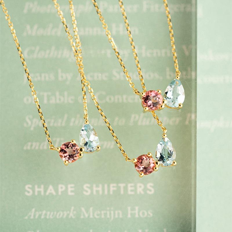 18K Gold Plated Sterling Silver Blue Cubic Zirconia Pendant Necklace - Minimalist Luxury Clavicle Chain 18K Gold Color