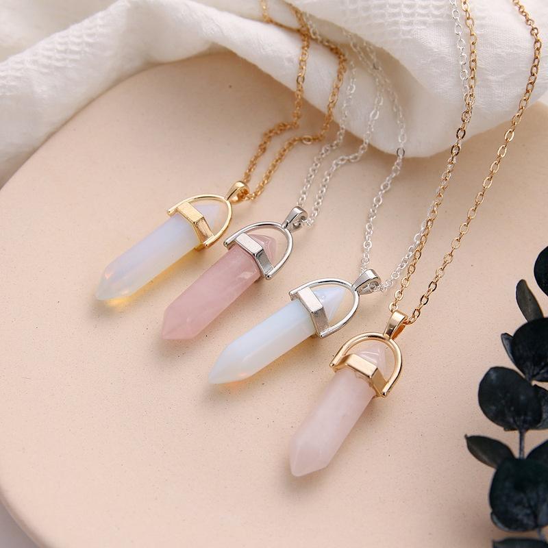 Opal Stone Hexagonal Column Quartz Necklaces for Women Natural Crystal Pendant Necklace Bohemian Statement Jewelry Gift