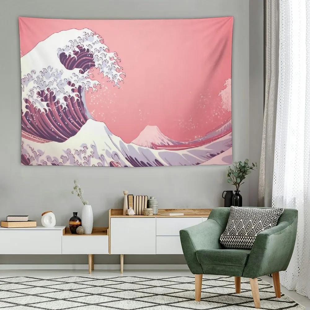 Japanese Ukiyo-e Wave Tapestry, Pink Mount Fuji Wall Hanging for Bedroom Dorm Living Room Decor