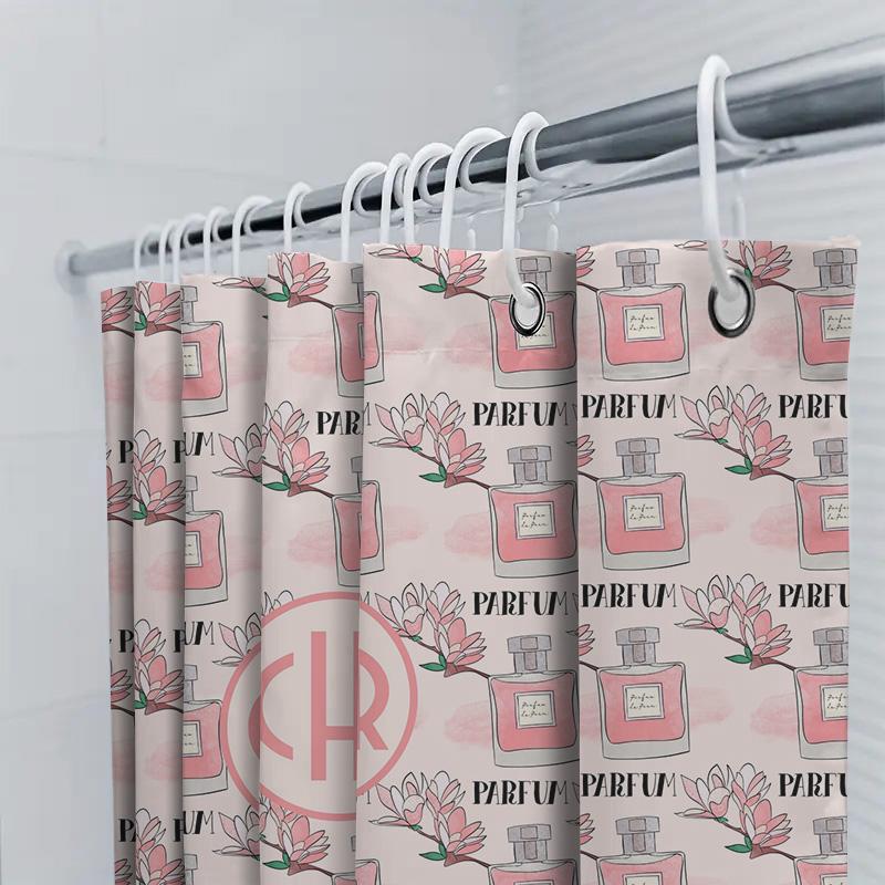 Cute Parfum Pattern Shower Curtain With Monogrammed Initials For Bathroom Decor Pink White Floral Design, Custom Size Available
