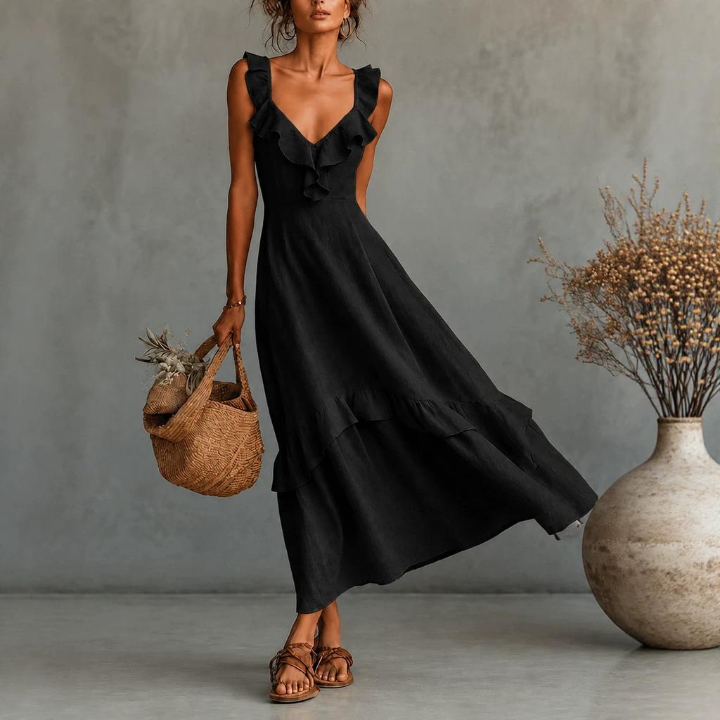 European and American women's summer new French ruffled spaghetti strap dress, linen-textured vacation maxi dress