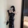 French Butterfly Print Dress Women's Summer New Waist and Thin Temperament Long Dress Black Chiffon Fishtail Dress