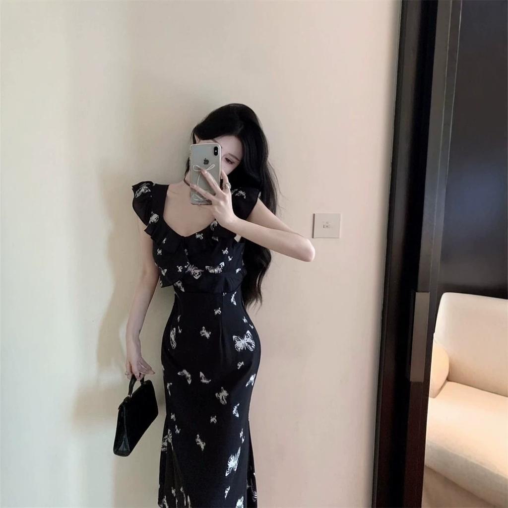 French Butterfly Print Dress Women's Summer New Waist and Thin Temperament Long Dress Black Chiffon Fishtail Dress