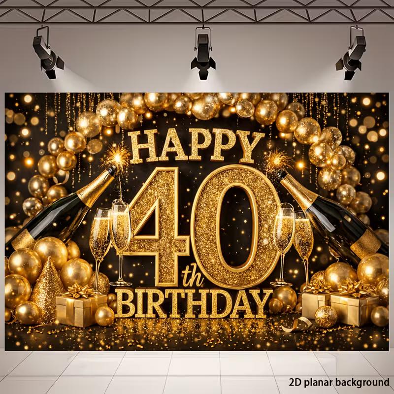 Fondo 2D para Fiesta de 40 Cumpleaños, Tema Negro y Dorado con Botellas de Champán para Decoración de Fiesta