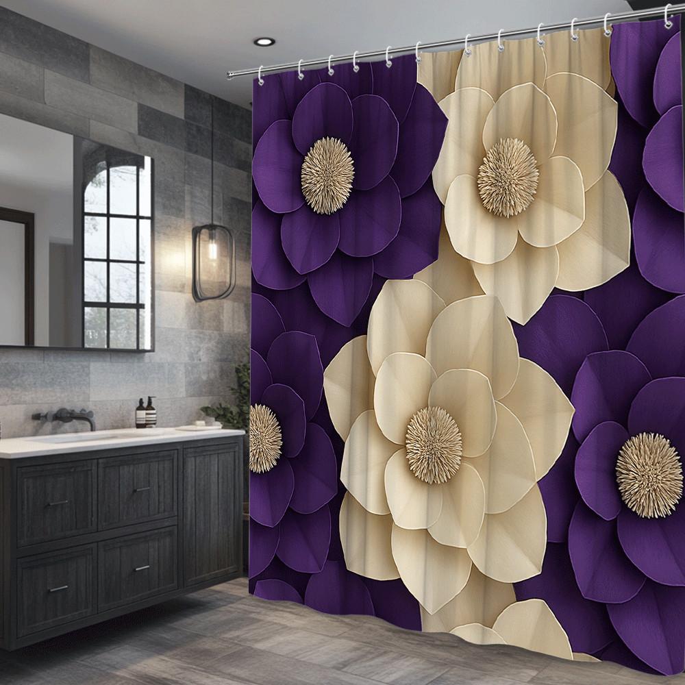 3D Flower Shower Curtain Purple Beige Paper Art Design Elegant Blooms Modern Bathroom Decor Waterproof Free Hooks Included