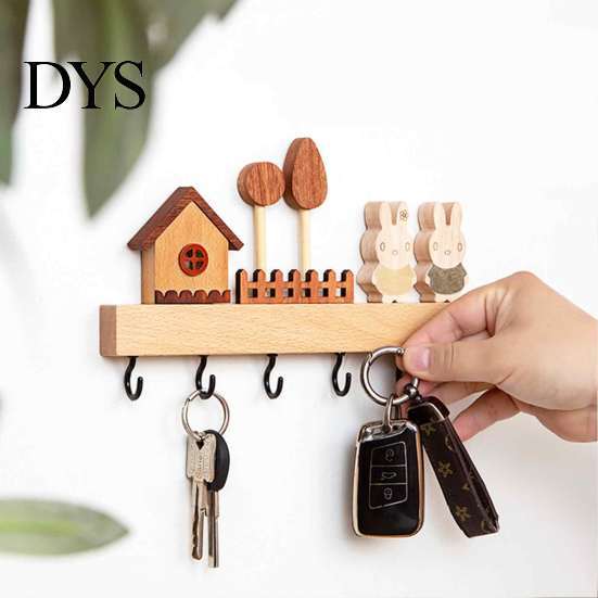 No Drill Key Hook Wooden Holder with 6 Hooks, Decorative Entryway Organizer Natural Wood Coat Rack Rack, Easy Wall Mount Installation Hanger for Home