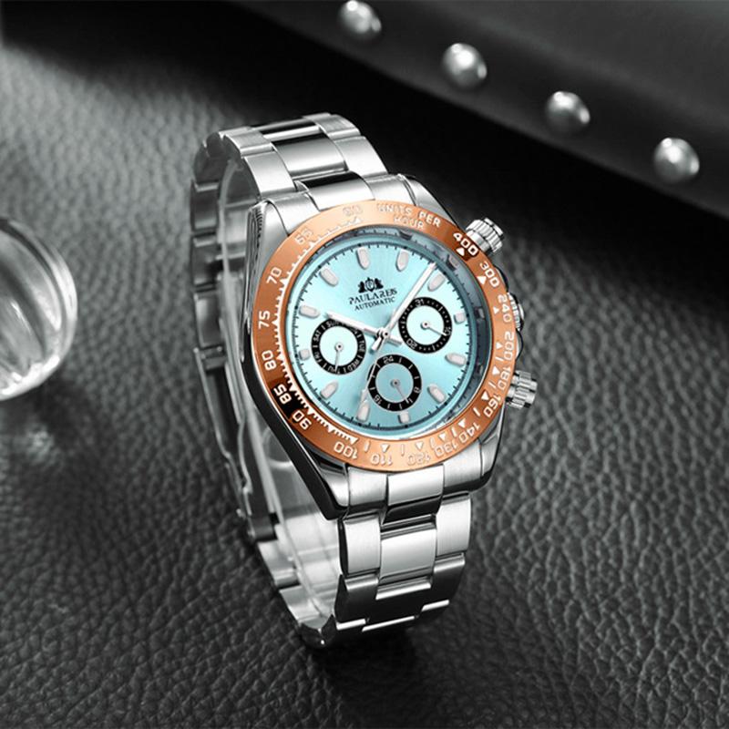 Paulareis Automatic Watches Self Wind Mechanical Gold Stainless Steel Glacier Ice Blue Dial Chestnut Brown Bezel Luminous Men Watch RL01