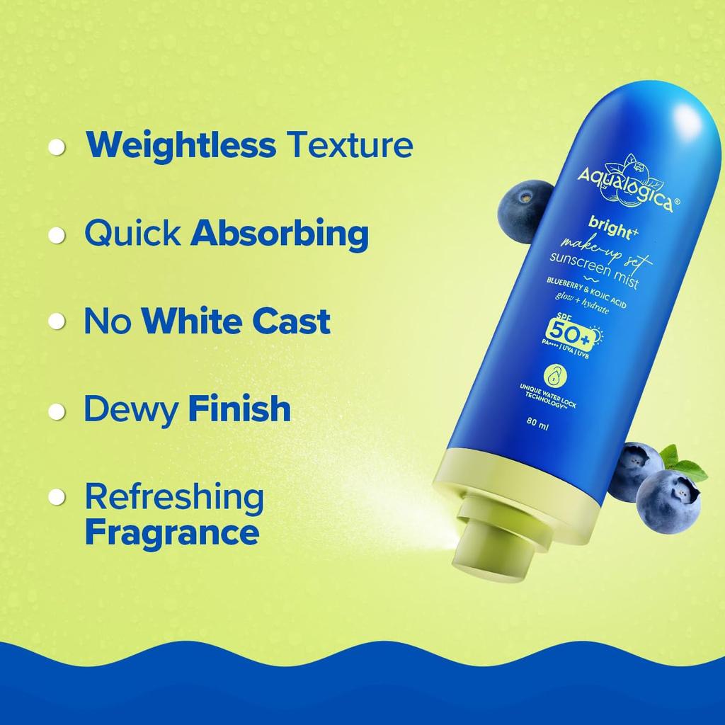 Aqualogica Bright+ Набір для макіяжу Сонячний спрей SPF 50+ PA++++ Ультратонкий Швидковисихаючий Спрей для фіксації макіяжу 80 мл