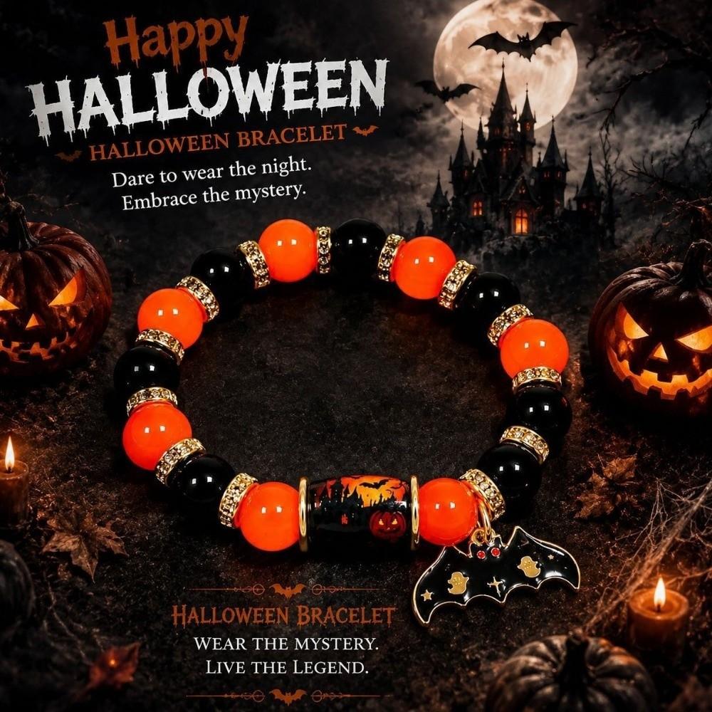 Colorful Beads Halloween Crystal Bracelet Spooky Ghost Bat Charm Bracelet Gift