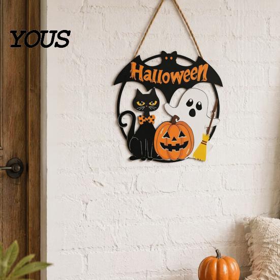 Childlike Scary Party Decor Halloween Wood Hanging Ornament with Ghost Pumpkin Bat Cat Prints, Durable Seasonal Home Wall Ornaments Waterproof