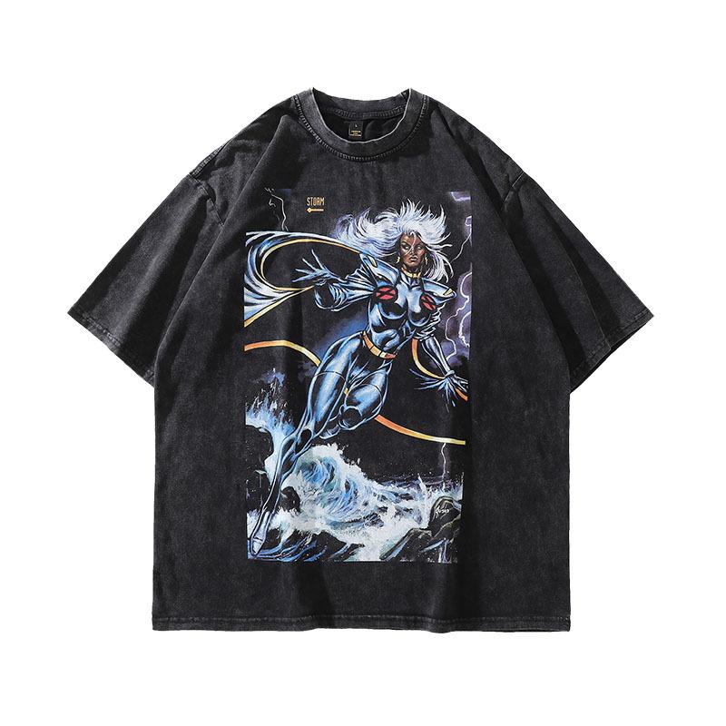 Washed And Old Small Neckline Short-Sleeved T-Shirt Men'S Harajuku Hiphop Retro Pure Cotton Heavy Trendy Brand Half-Sleeved Tee