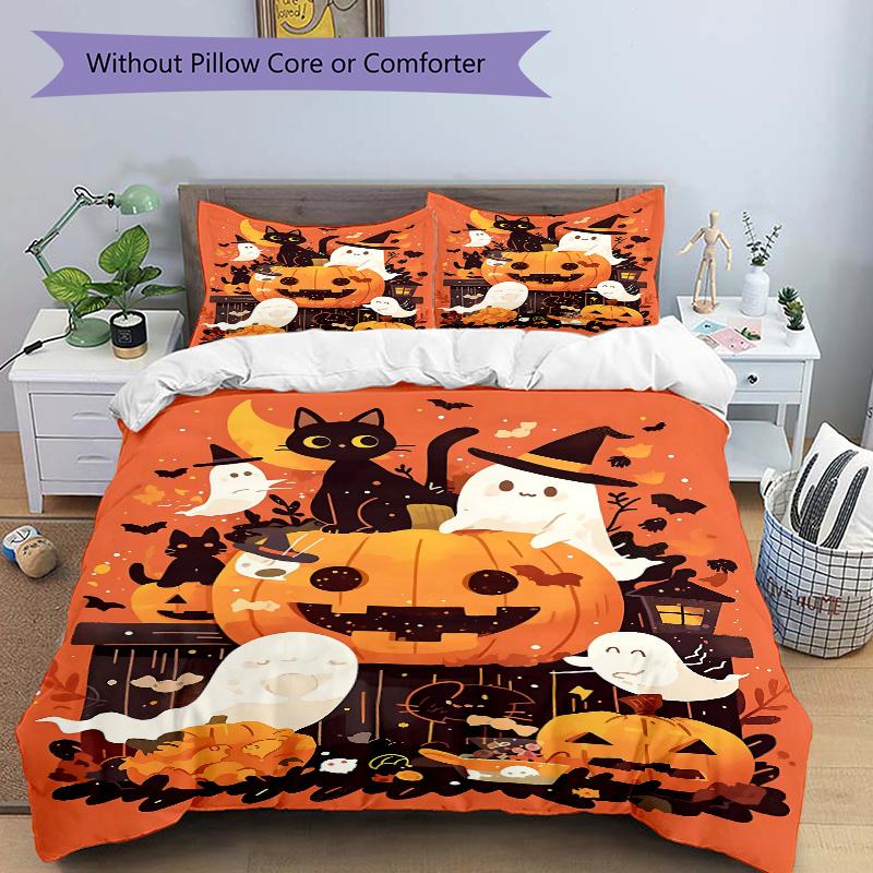 

3pcs Cats & Ghosts & Pumpkins Halloween Quilt Cover Set (1 Quilt Cover + 2 Pillowcases Without Pillow Core), High-Definition Printing for Home an 135x200cm