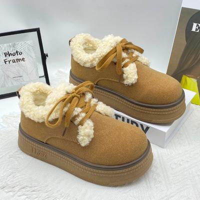 Women Fur Platform Suede Warm Plush Cotton Flats Shoes Casual Sport Sneakers Winter 2024 Trend Lace Up Snow Boots Zapatos Mujer