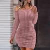 Women  Dress Knitted One Shoulder  Elastic Neck Solid Color Tight Waist Anti-shrink Long Sleeve Mini Sheath Dress Party