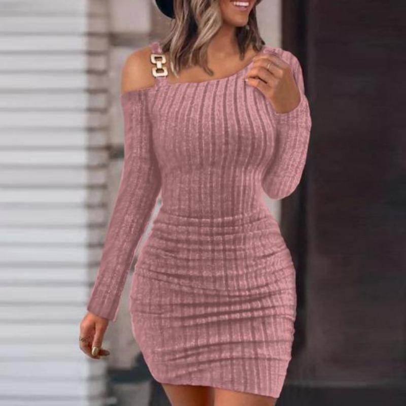 Women  Dress Knitted One Shoulder  Elastic Neck Solid Color Tight Waist Anti-shrink Long Sleeve Mini Sheath Dress Party