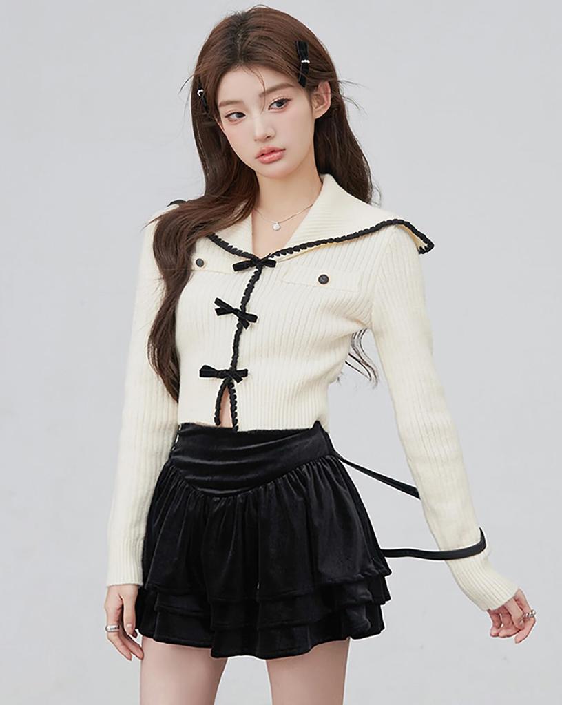 TOWYYO Long Big Short Korean French Beige Women's Cardigan, Sleeve, Ribbon, V-Neck, Striped, Cute, Collar, Length, Fashion, Spring/Autumn, Stylish,