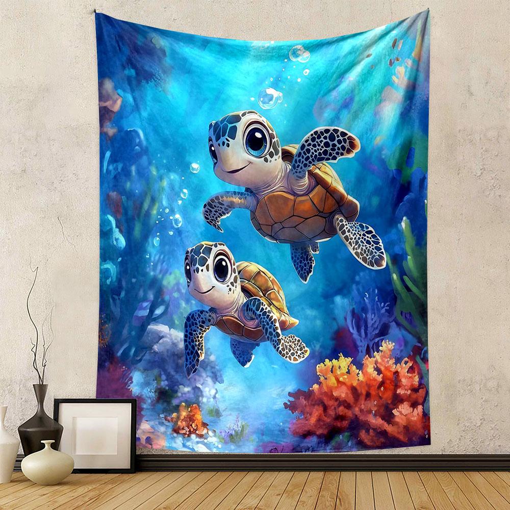 Cute Sea Turtles In Vibrant Ocean Scene Patterned Tapestry Decorative Wall Hanging, Home Bedroom Living Room Decor