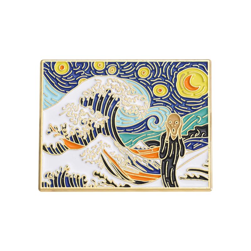 Art Oil Painting Enamel Pins Custom Night Starry Sky Brooches Lapel Badges Punk Gothic Animal Jewelry Gift for Kids Friends