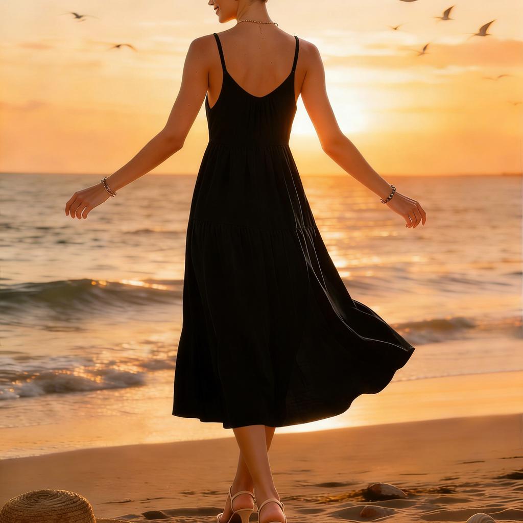 Sleeveless Spaghetti Strap Midi Dress for Women Loose Fit Flowy Sundress Summer Casual Solid A Line Long Dress