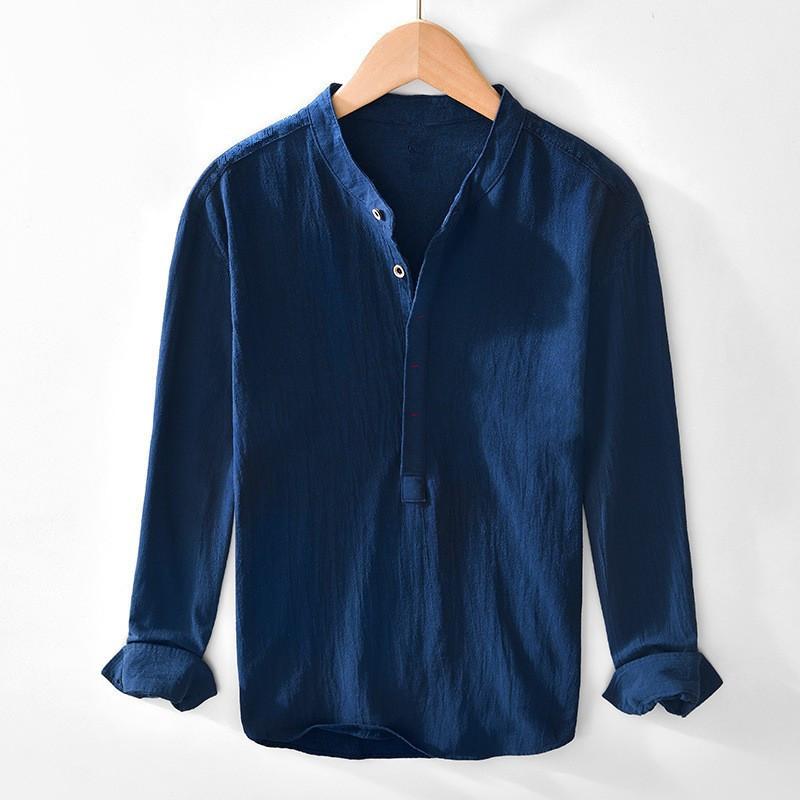 Men Light Blue Linen Cotton Blend Henley Shirt Stand Collar Long Sleeve Casual Top