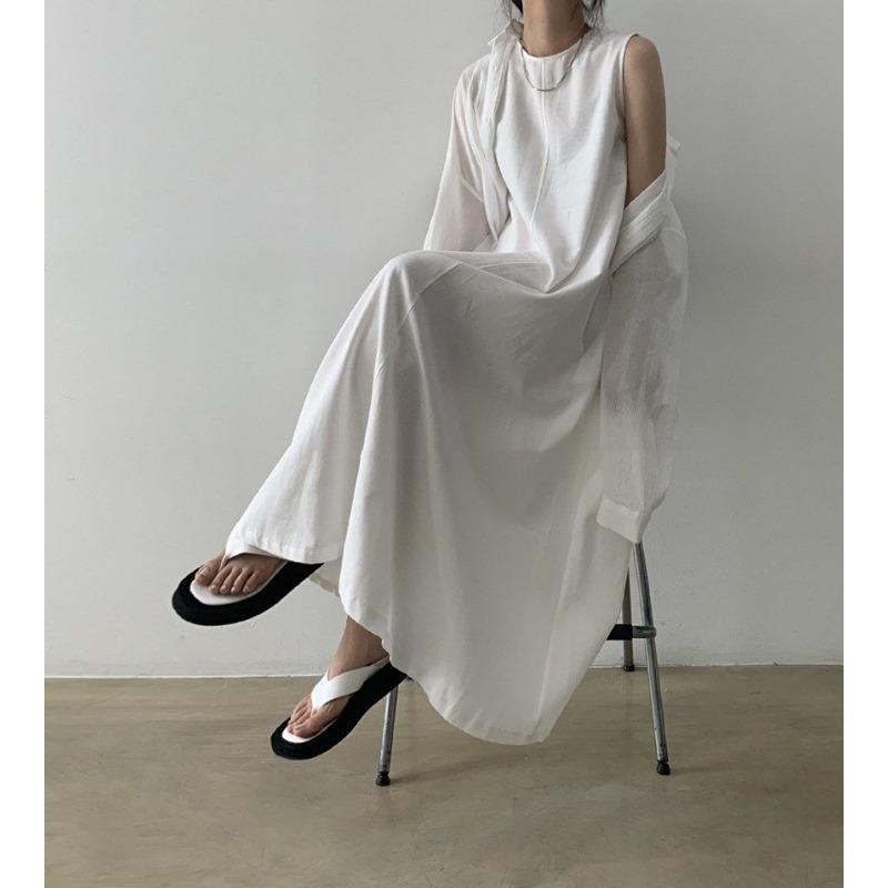 Women Summer Vintage Cotton and Linen Long Tank Dress Sleeveless Loose Waist Large Hem Round Collar Midi Sundress