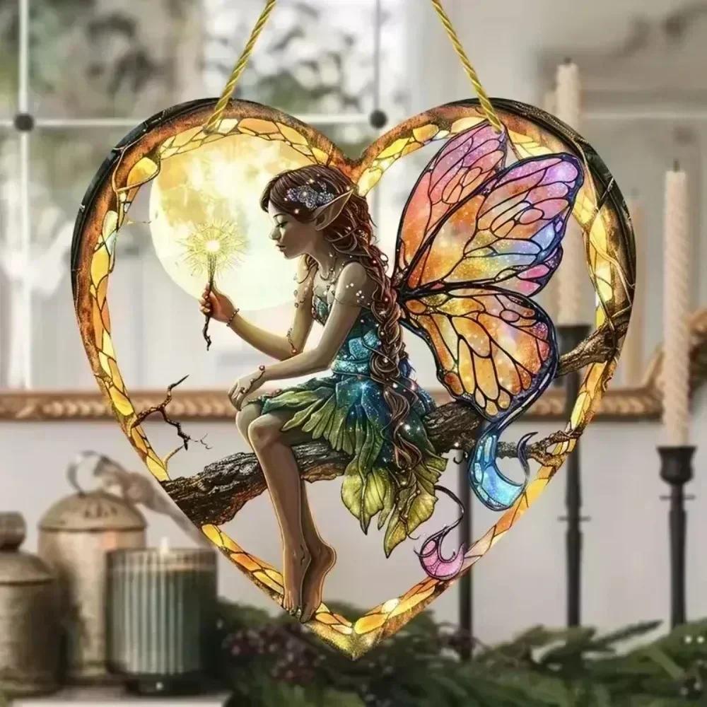 Colorful Flower Fairy Acrylic Suncatcher Stained Glass Style Hanging Window Garden Yard Ornament Fairy Garden Vintage Home Decor