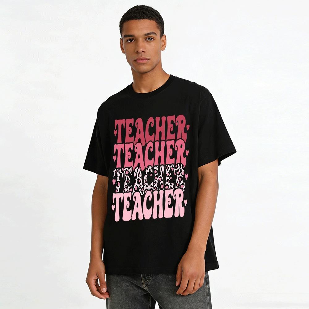Retro Pink Leopard Print Teacher Themed Casual T-Shirt Pure Cotton T-shirt