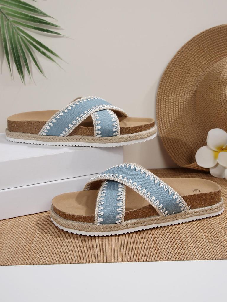 Women's Cross-Strap Thick-Soled Sandals - Summer 2026, Fabric Surface, Flat-Soled Beach Slippers for Outdoor Wear.