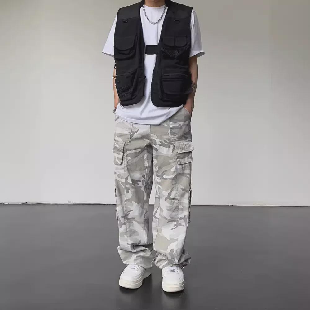 Pantaloni largi, spălați, cu picioare drepte, de camuflaj american retro