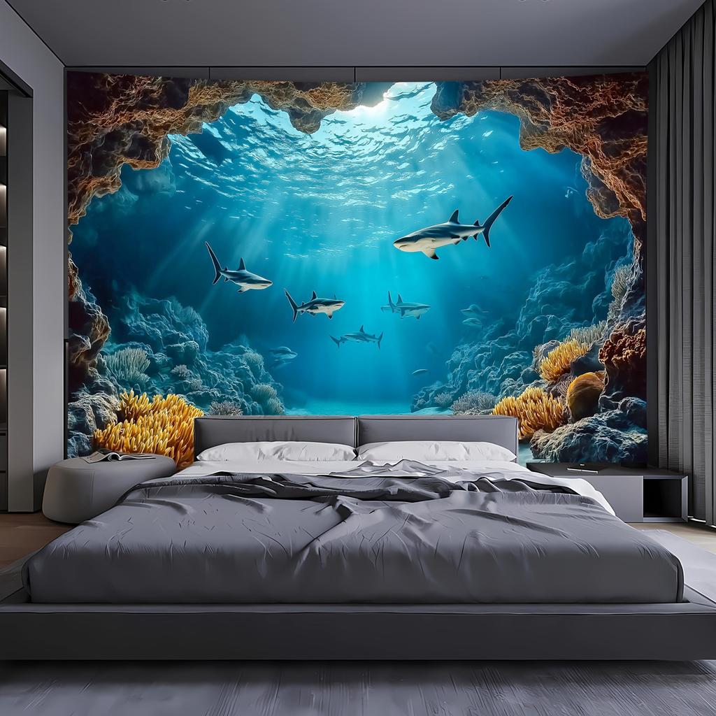 Oceanic Serenity Wall Tapestry For Living Room Decor, Featuring A Stunning Underwater Scene With Graceful Sharks Swimming